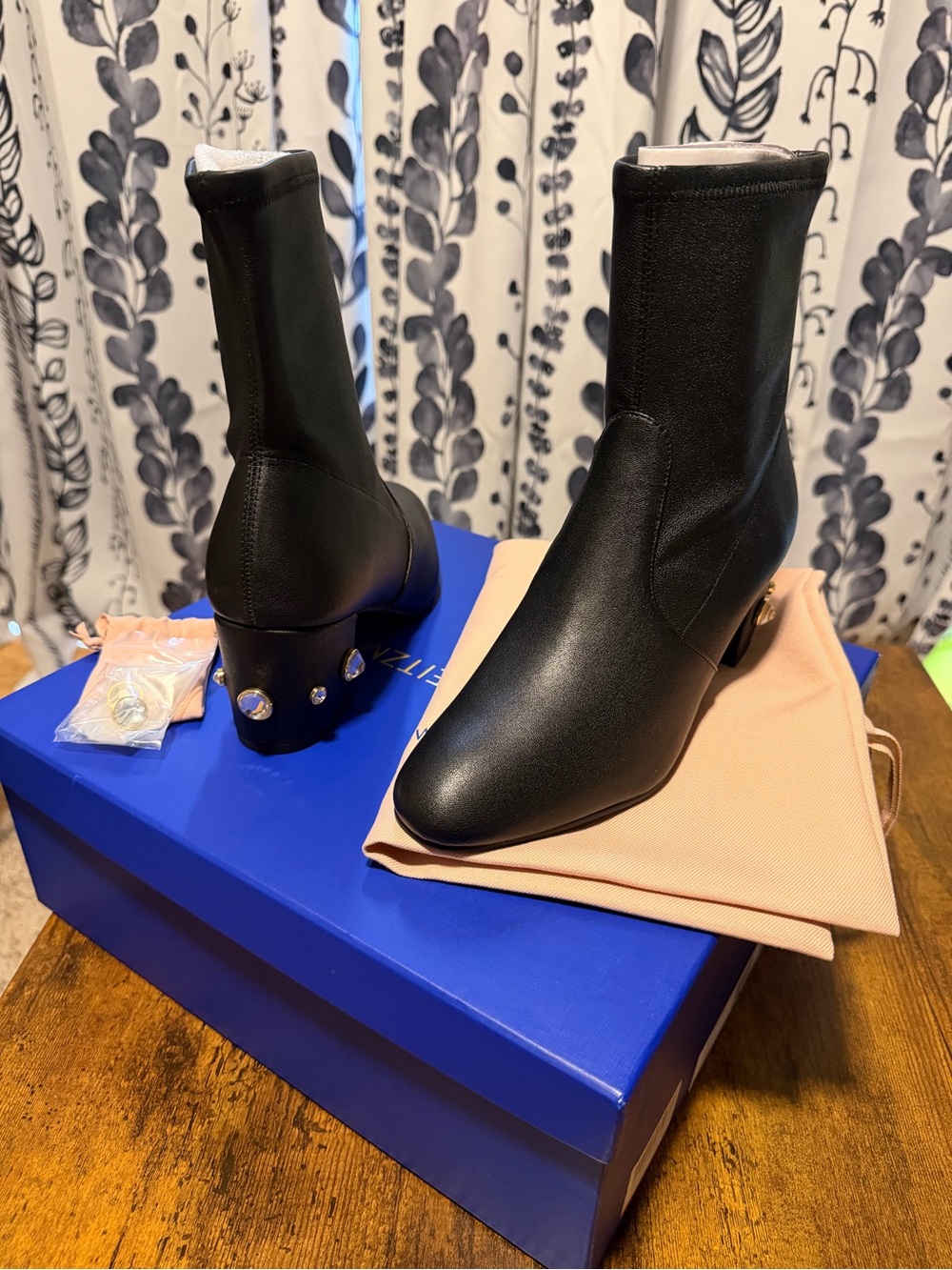 Stuart Weitzman Allshine 60 Crystal Heel Booties Black Stretch Nappa Leather 7b